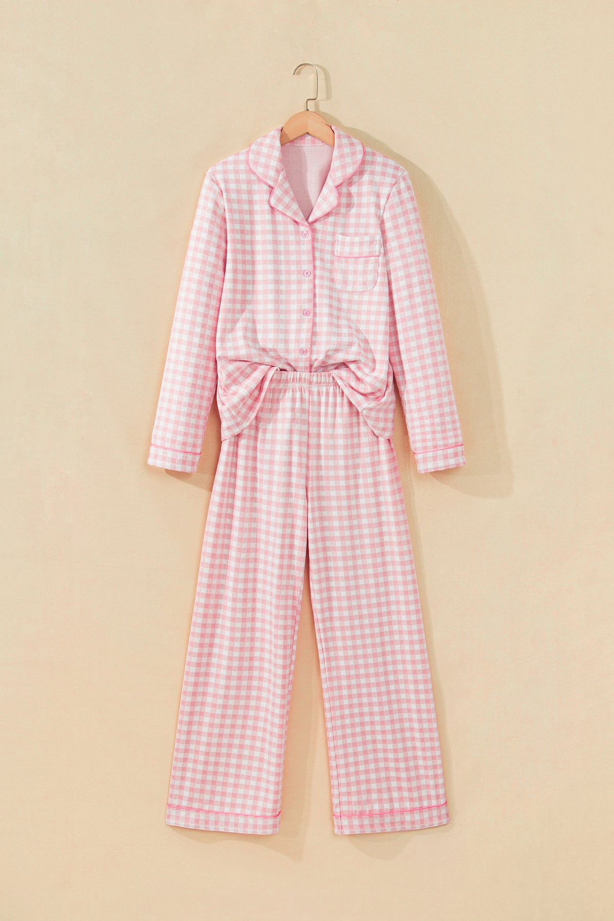Pink Gingham Long Sleeve Lapel Shirt 2pcs Pajama Pant Set