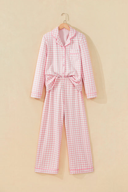 Pink Gingham Long Sleeve Lapel Shirt 2pcs Pajama Pant Set