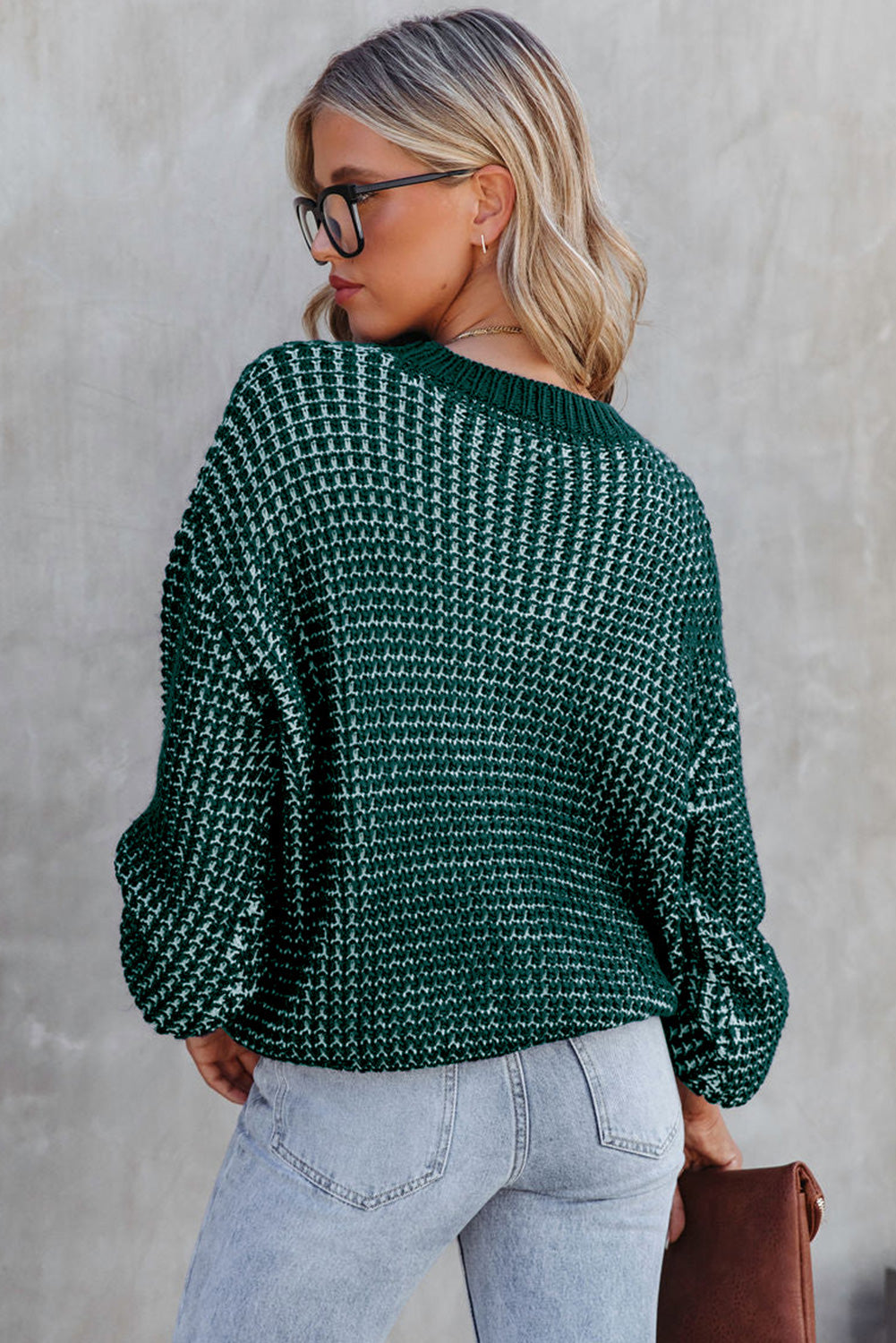 Pull vert chiné en tricot à épaules tombantes et manches bouffantes 