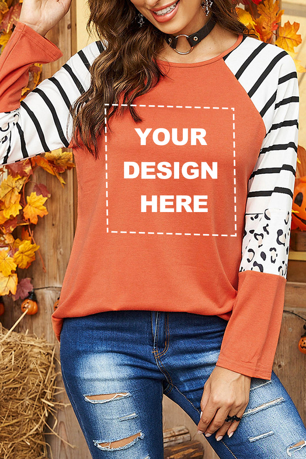 Black Striped Animal Print Colorblock Long Sleeve Top