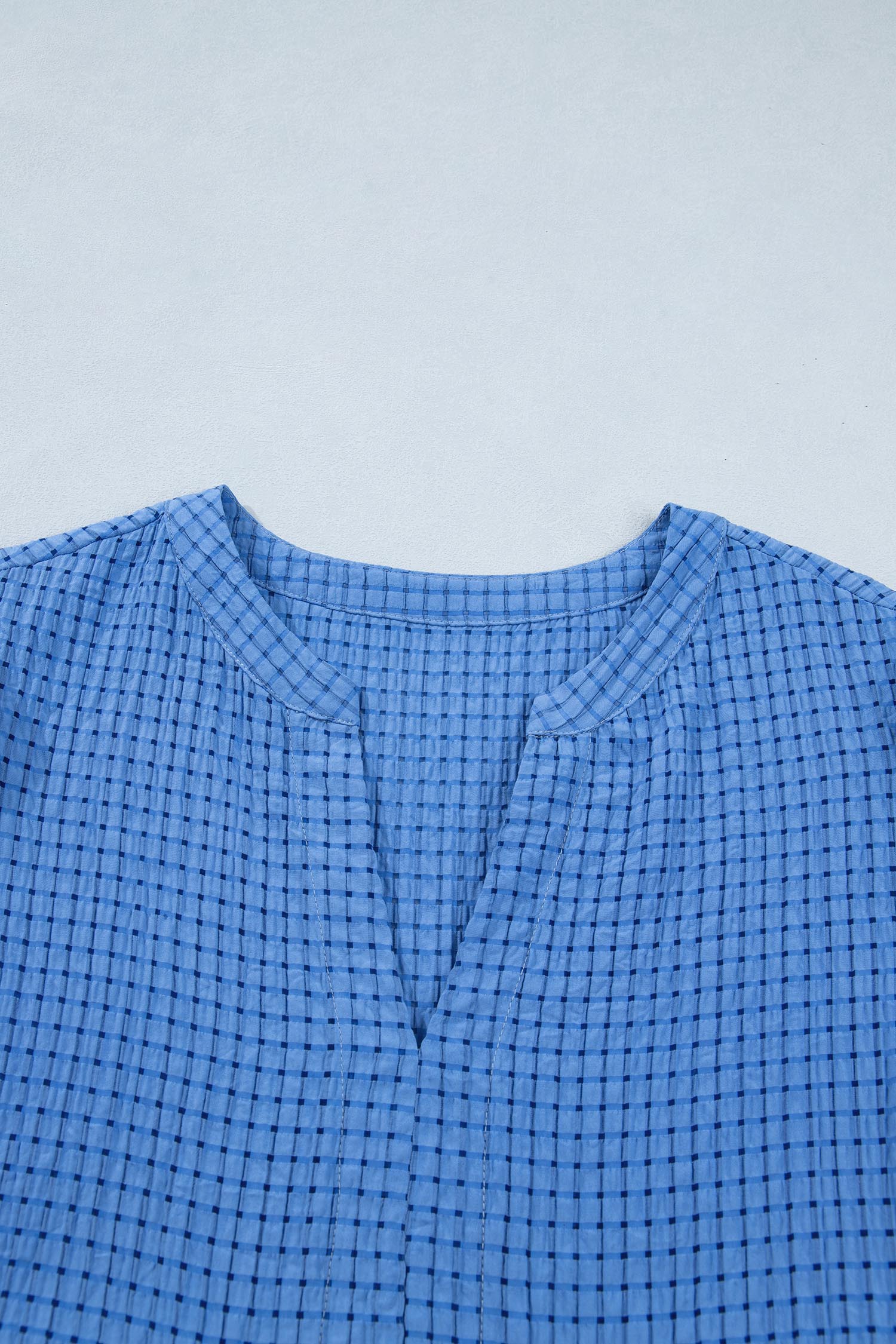 Dusk Blue Gingham Textured Bow Tie Short Sleeve Tiered Midi Dress