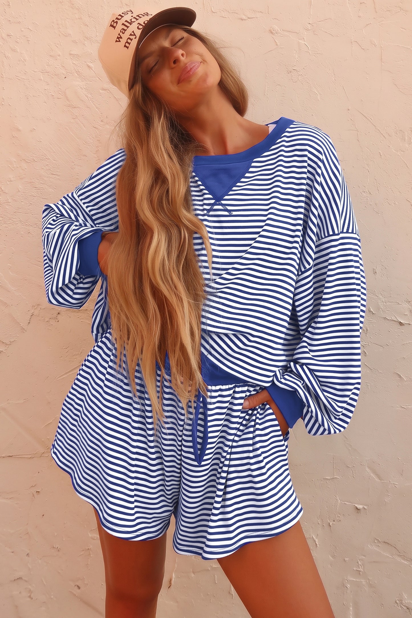 Blue Stripe Oversized Long Sleeve Top Drawstring Loose Shorts 2pcs Set