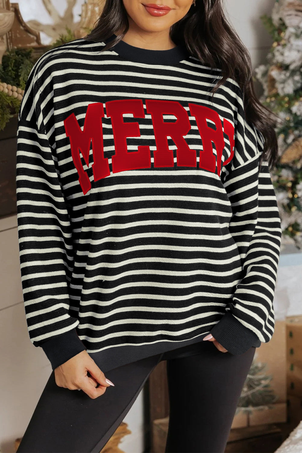 Black Stripe Contrast MERRY Letter Christmas Print Drop Shoulder Sweatshirt