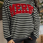 Black Stripe Contrast MERRY Letter Christmas Print Drop Shoulder Sweatshirt