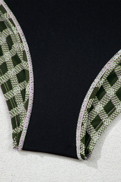 Bikini taille haute à carreaux et pois verts