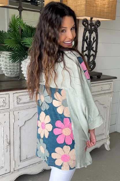 Haut-bas surdimensionné à coutures apparentes et patchwork de fleurs vertes