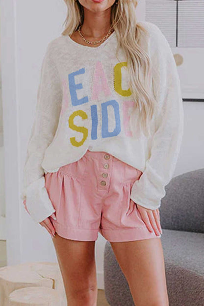 White V Neck Lightweight Knit BEACH SIDE Shift Tunic Sweater