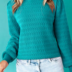 Sea Green Trendy Pattern Knit Ribbed Cuffs Crew Neck Sweater