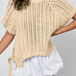 Apricot Plus Size Open Knit Bow Tie Short Sleeve Sweater