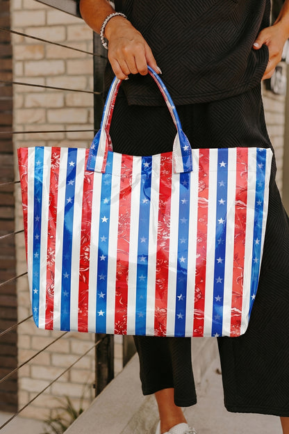 Sky Blue Patriotic Stars and Stripes Pattern Vinyl Glossy Tote Bag