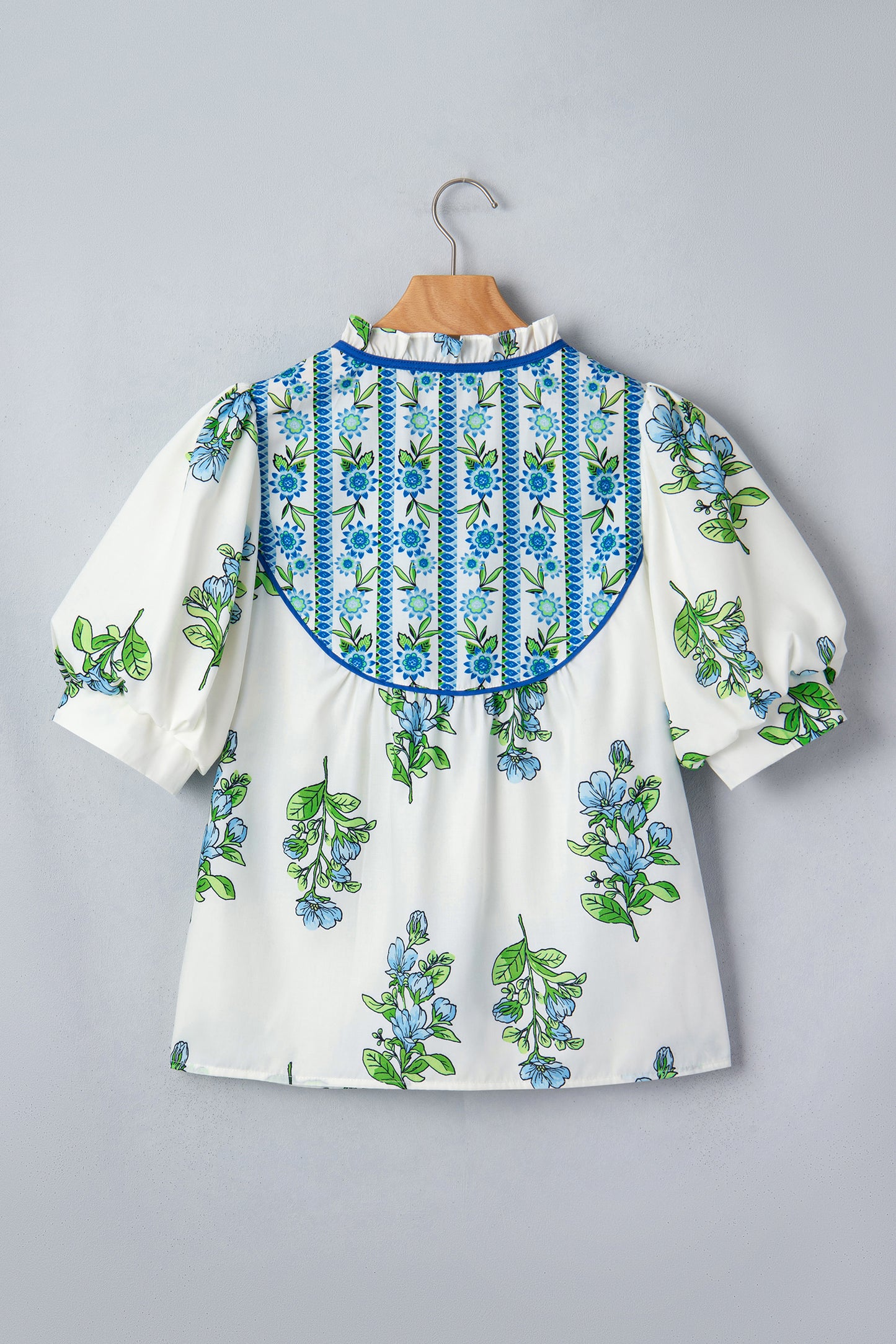 White Floral Print Contrast Trim Tie Neck Blouse