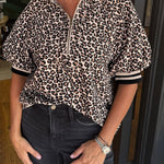 Brown Leopard Print Half Zip Striped Trim Patchwork Short Sleeve Top