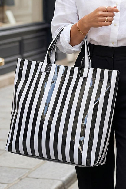 Color black Glossy Striped Vinyl Large Tote Bag