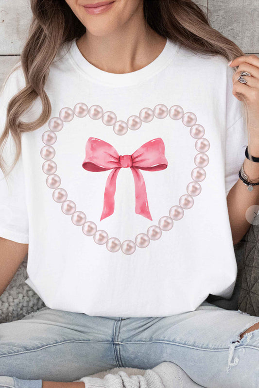 White Pearl Heart Bowknot Graphic T Shirt