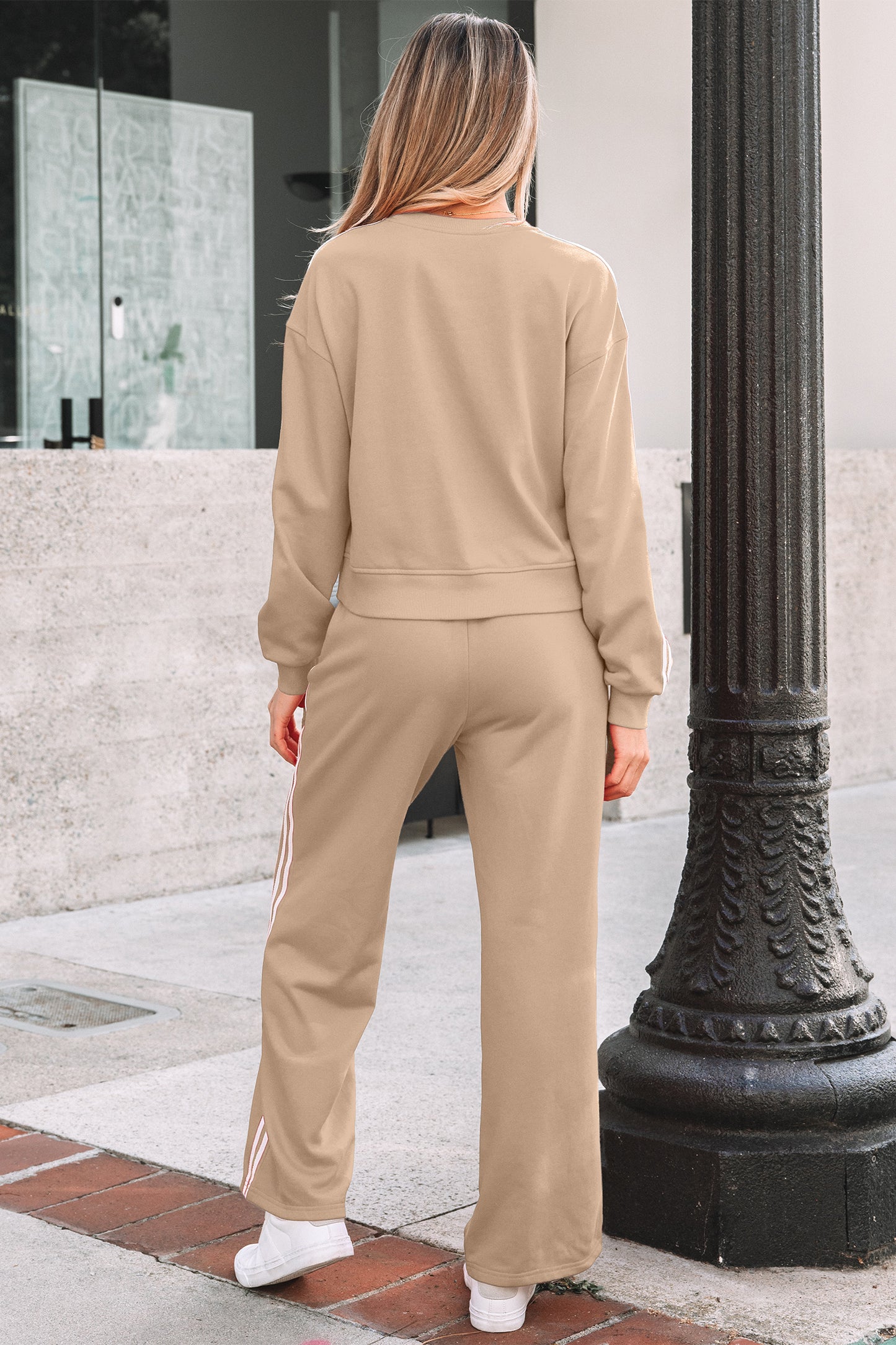 Oatmeal Varsity Striped Detail Crewneck Pullover Elastic Sweatpants 2pcs Outfit