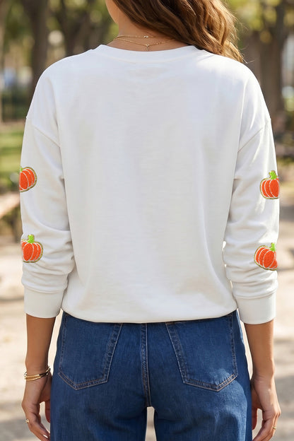 White Glitter Chenille Pumpkin Patch Graphic Long Sleeve Top