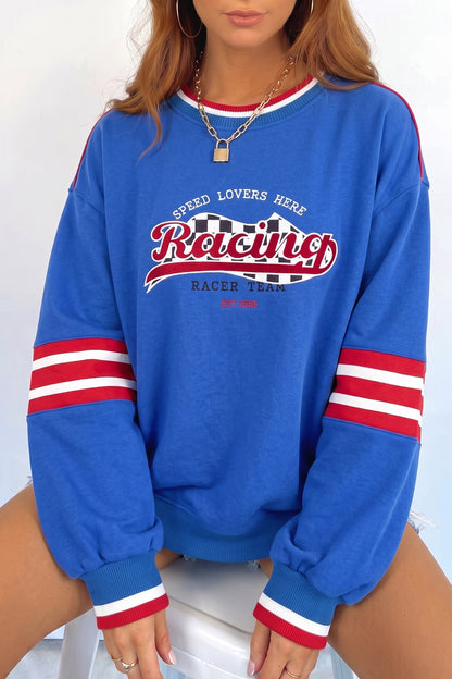 Sky Blue Abstract Racing Graphic Embroidered Patchwork Long Sleeve Sweatshirt