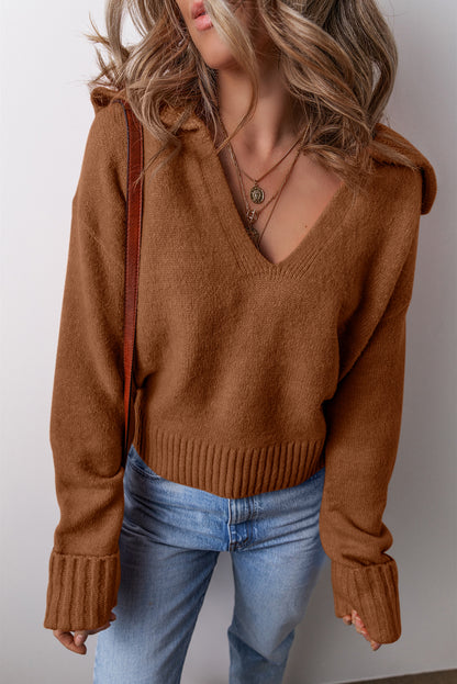 Racing Red Collared V Neck Ribbed Edge Sexy Elegant Sweater
