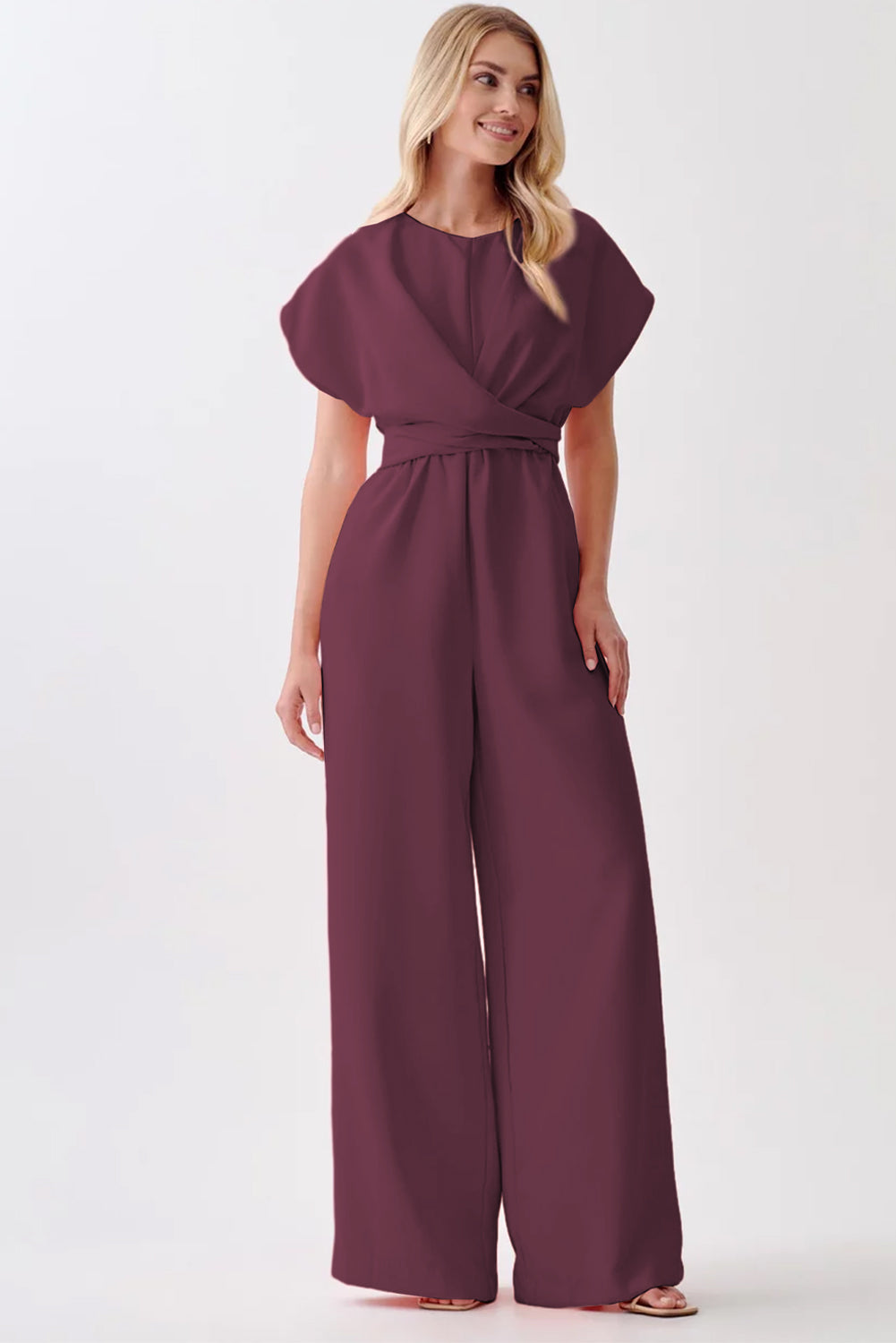 Burgundy Solid Color Cap Sleeve Knot Waist Shift Jumpsuit