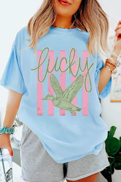 Light Blue Lucky Duck Print Casual Round Neck T Shirt