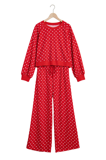 Red Polka Dot Drawstring Wide Leg Long Sleeve Top Pant Set