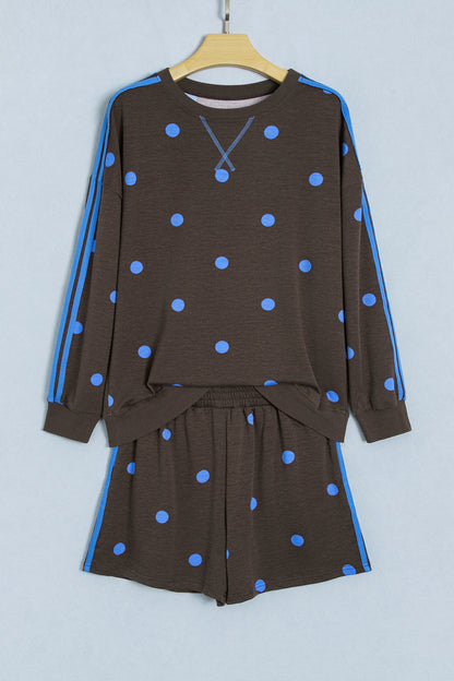 Brown Polka Dot Print Varsity Striped Detail Long Sleeve Top Short Set