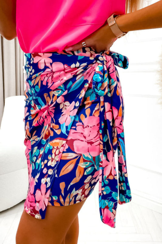 Floral Print Lace-up High Waist Bodycon Mini Skirt