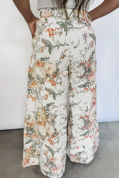 Beige Vintage Style Floral Print High Waist Wide Leg Jeans