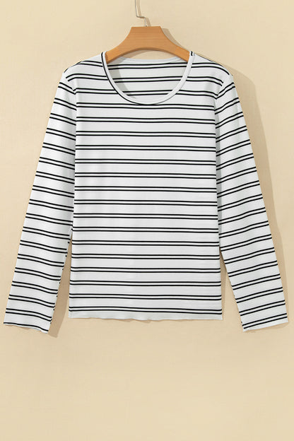 Beige Stripe Ribbed Knit Round Neck Long Sleeve Top