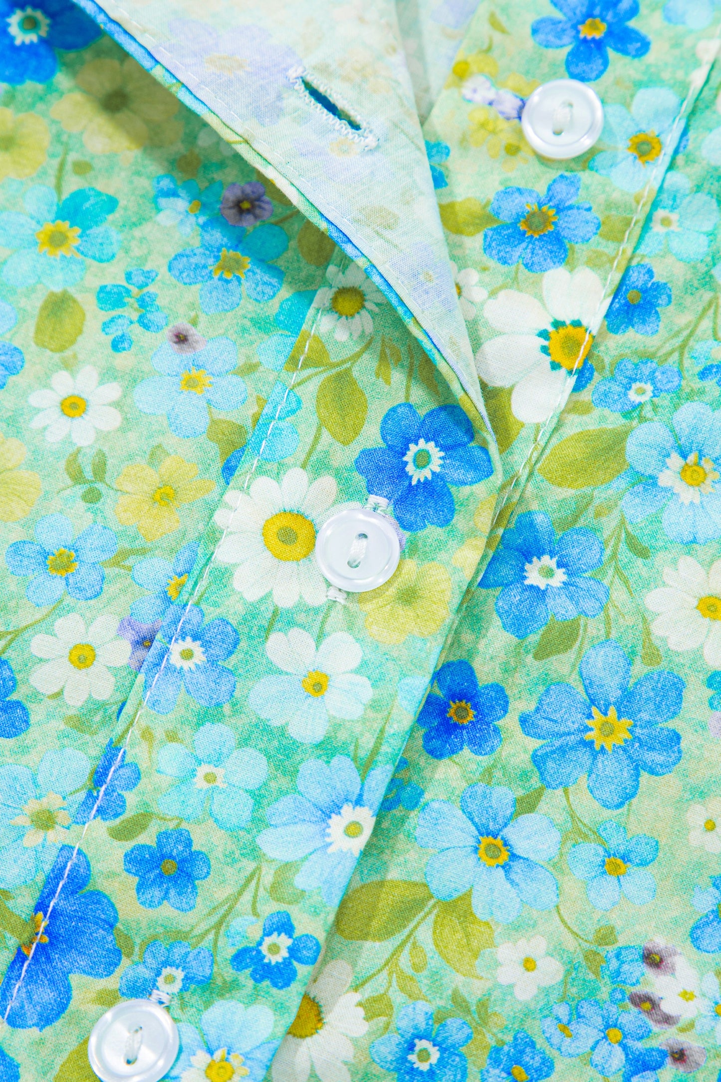 Green Floral Painting Print Striped Patchwork Flutter Sleeve V Neck Blouse