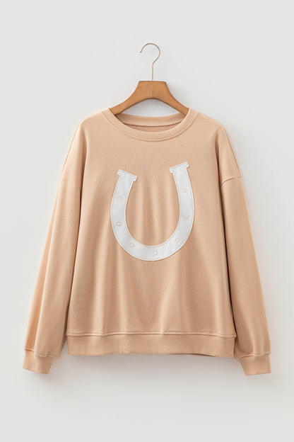 Parchment Horseshoe Embroidered Patch Graphic Drop Shoulder Sweatshirt