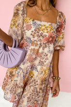 Khaki Floral Short Sleeve Square Neck Mini Dress