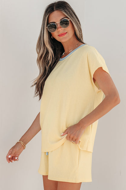 Yellow Cream Soft Ribbed Color Block Trim Casual Short Set