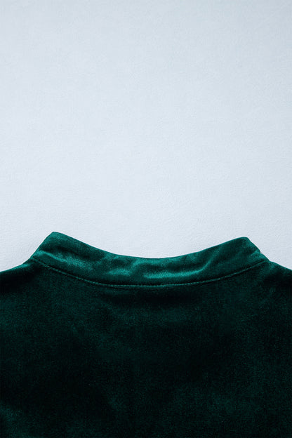 Blackish Green Leopard Trim Velvet Long Sleeve Shift Dress