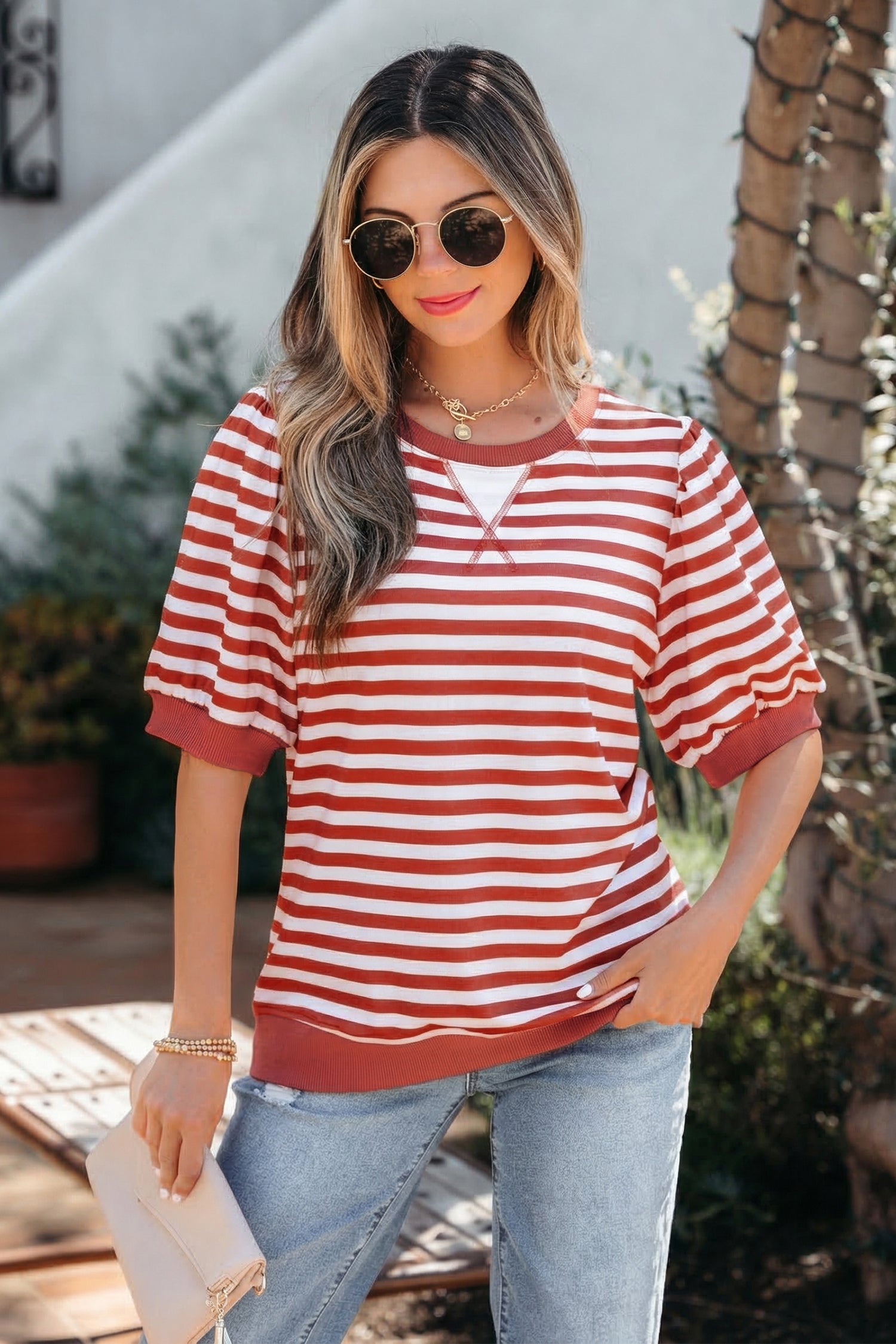 Orange Stripe Short Bubble Sleeve T Shirt