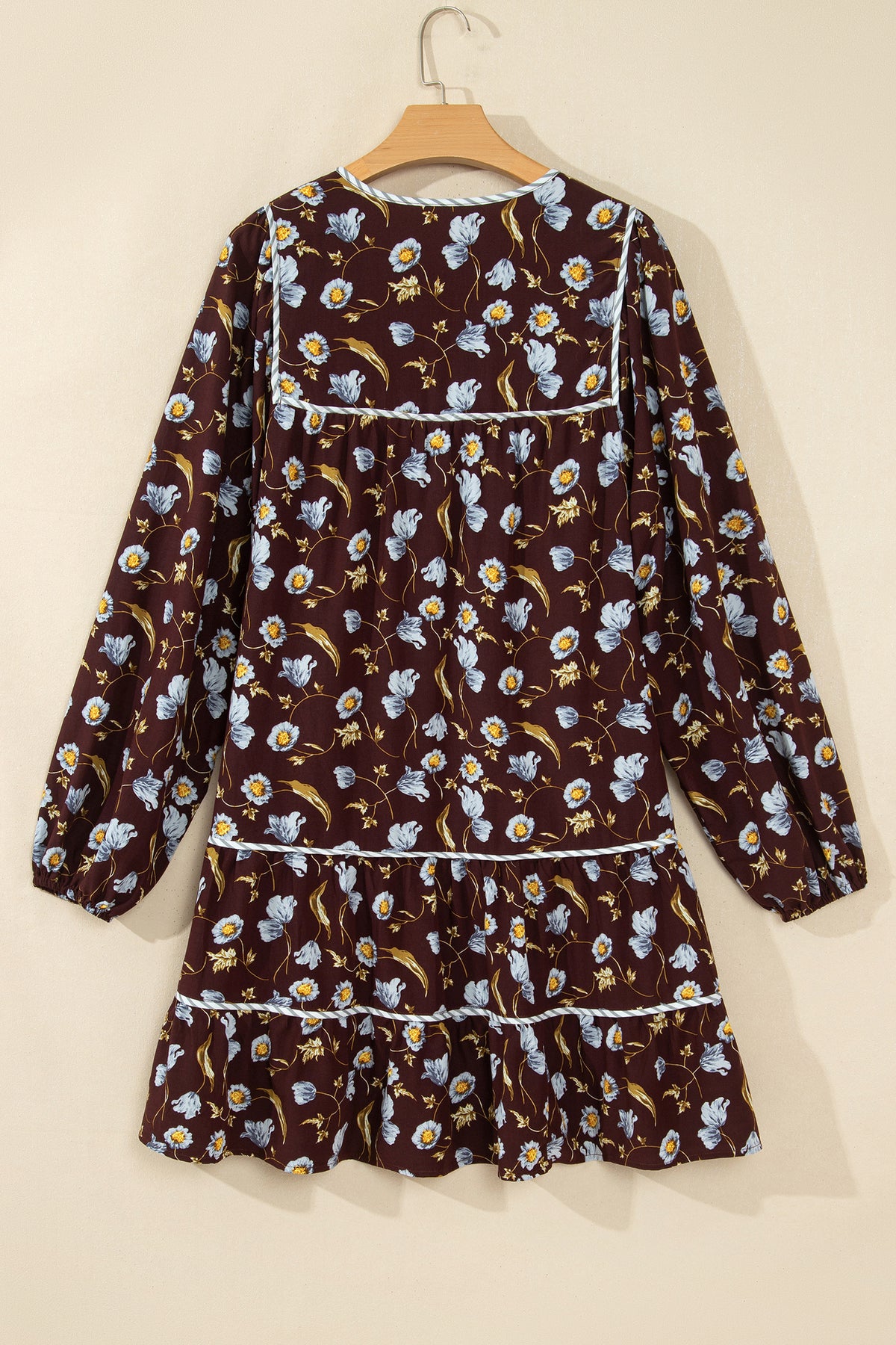 Brown Floral Print Shirred V Neck Shift Dress