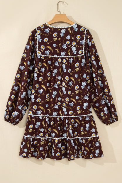 Brown Floral Print Shirred V Neck Shift Dress