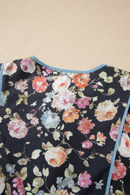 Black Floral Print Contrast Trim Tie V Neck Bracelet Sleeve Blouse