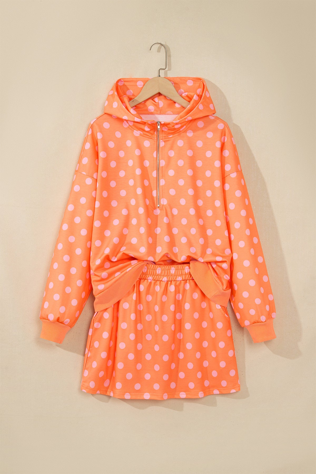Orange Polka Dot Hooded Long Sleeve Top Casual Mini Skort Set