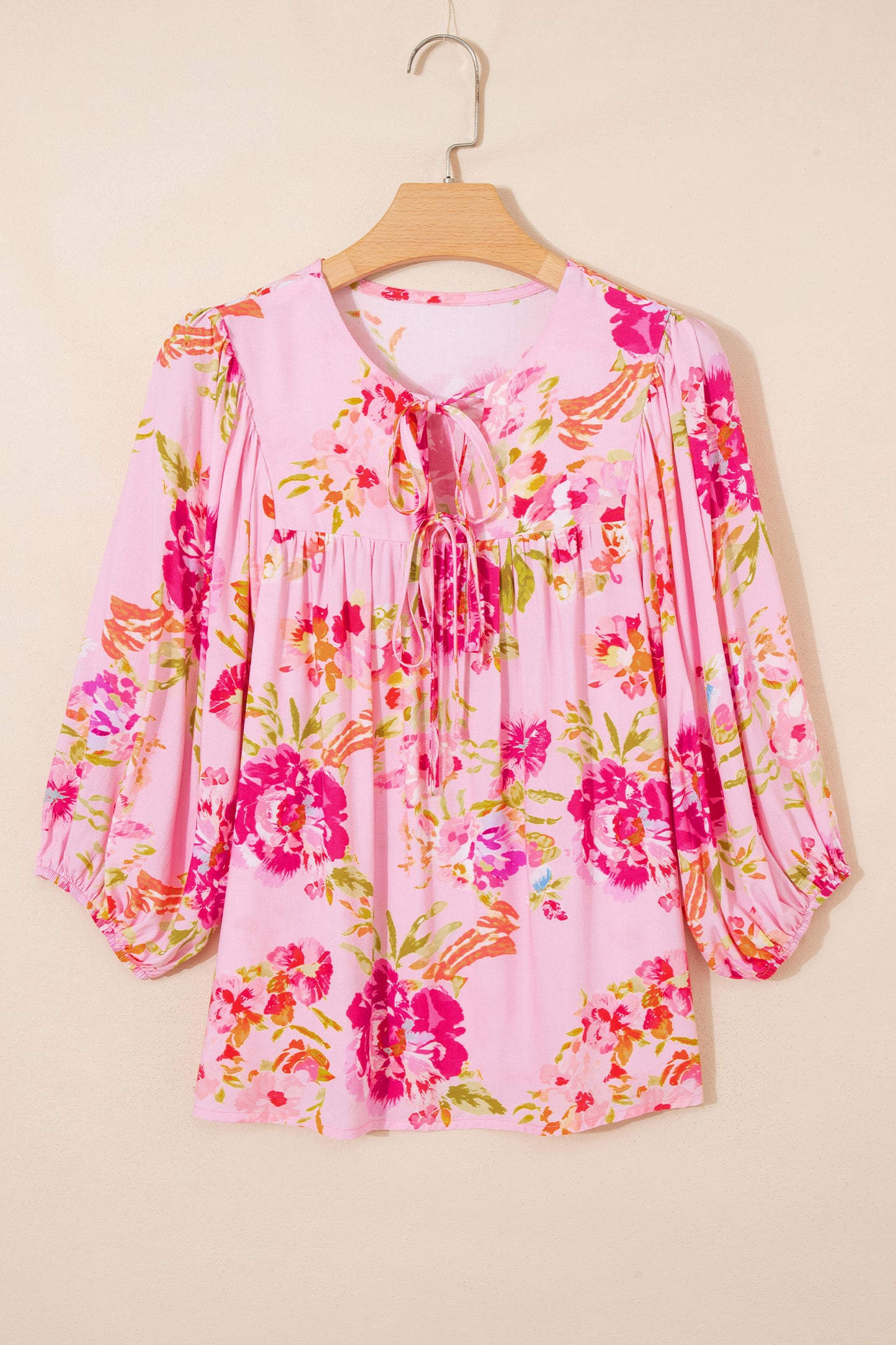 Pink Floral Print Tie Neck Puffy Half Sleeve Blouse