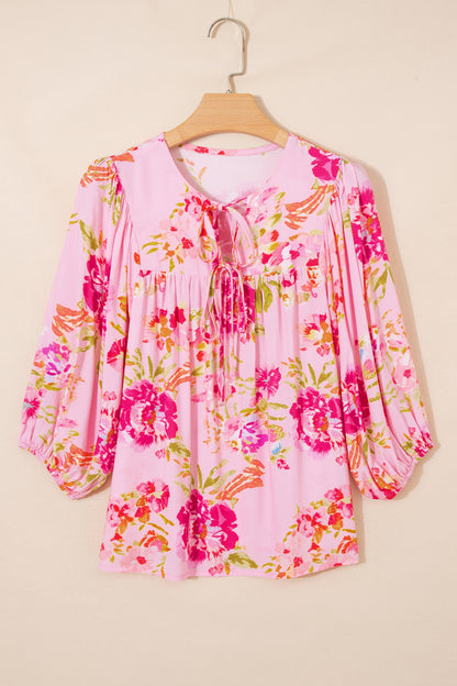 Pink Floral Print Tie Neck Puffy Half Sleeve Blouse