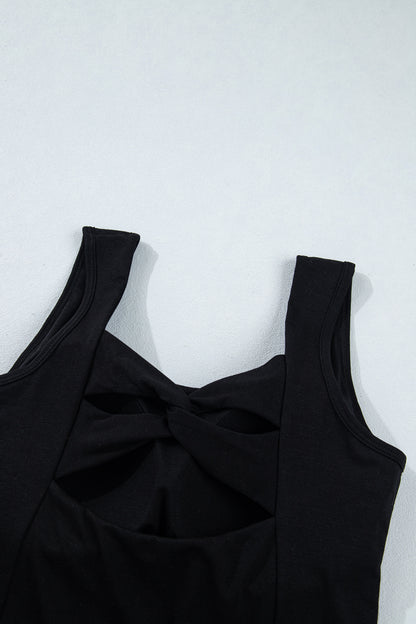 Black Twisted Cross Back Sleeveless U Neck Bra Insert Tank Top