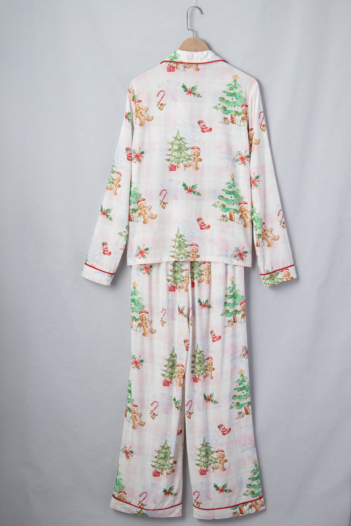 Pink Plaid Snowflake Christmas Gingerbread Man Print Long 2pcs Lounge Set