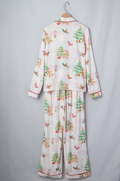 Pink Plaid Snowflake Christmas Gingerbread Man Print Long 2pcs Lounge Set