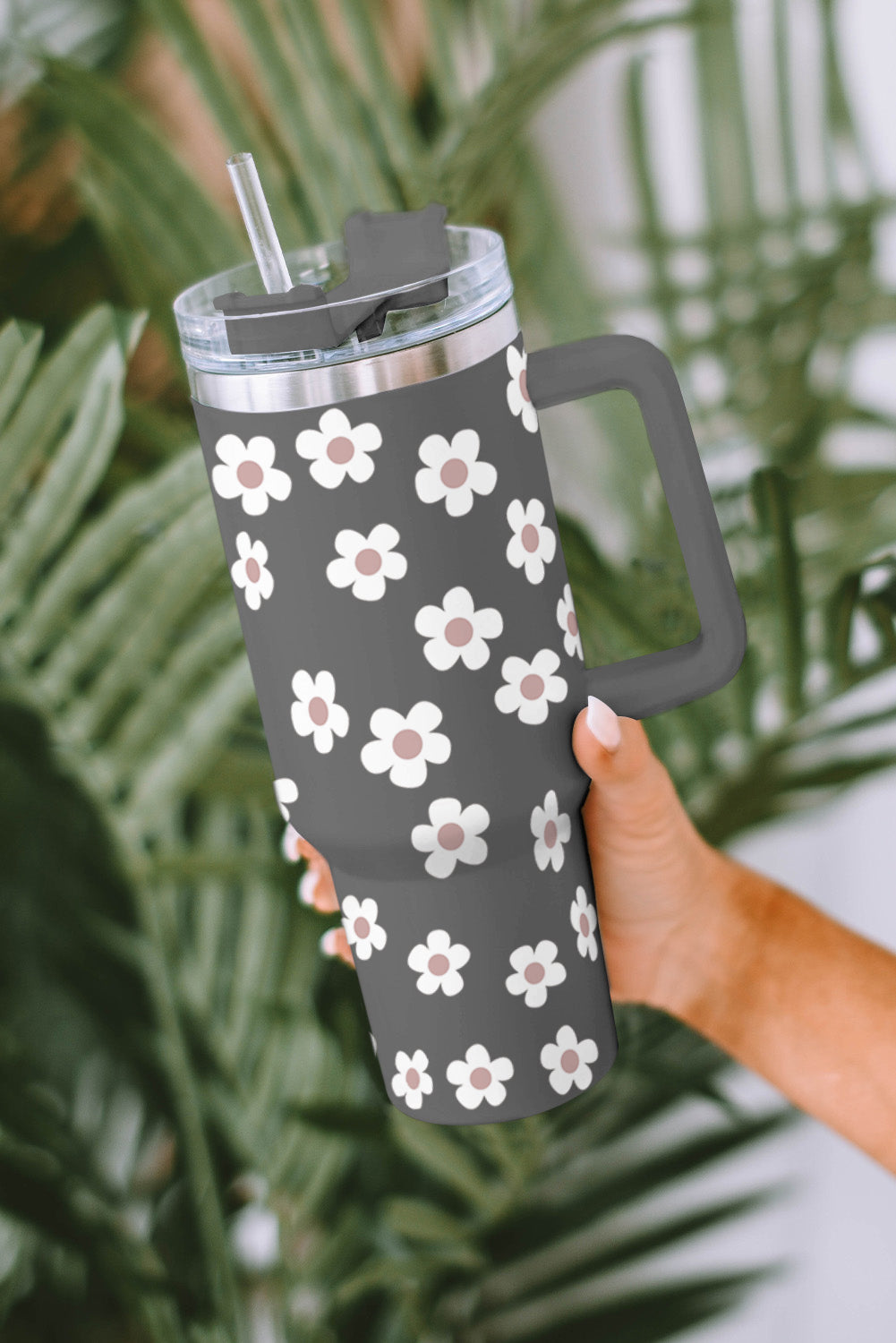 Vaso inoxidable con tapa y pajita con estampado de flores de pergamino 