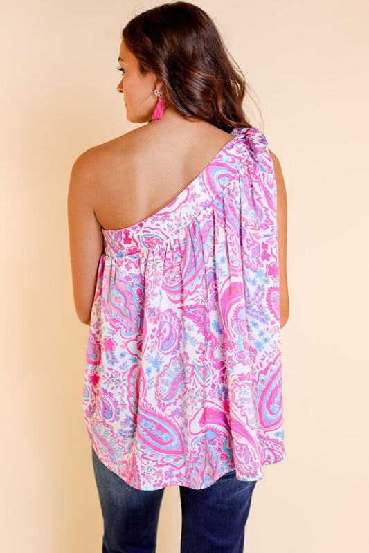 Multicolour Knotted One Shoulder Paisley Print Tank Top