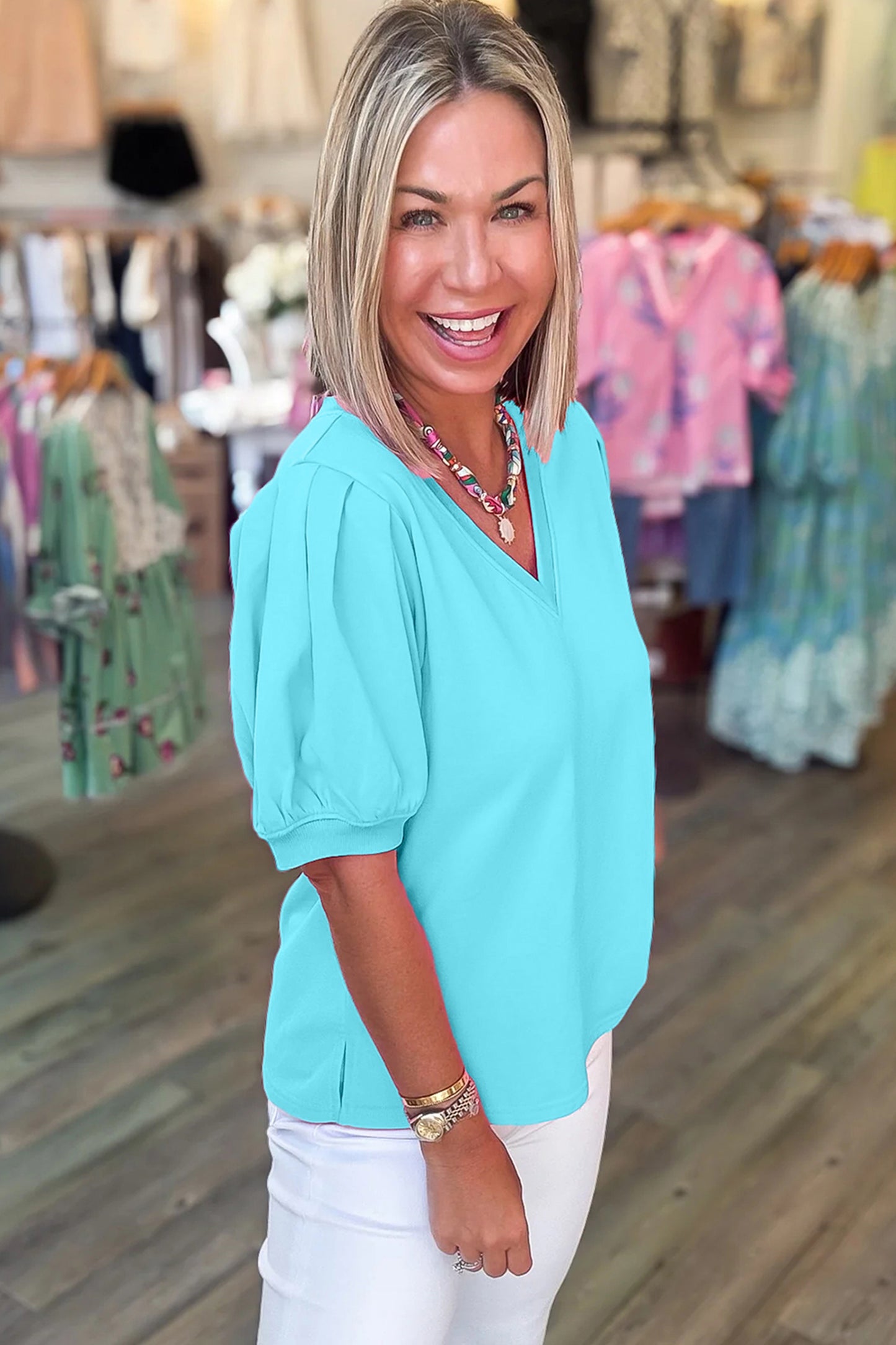 Turquoise Solid Color V Neck Short Puff Sleeve Blouse