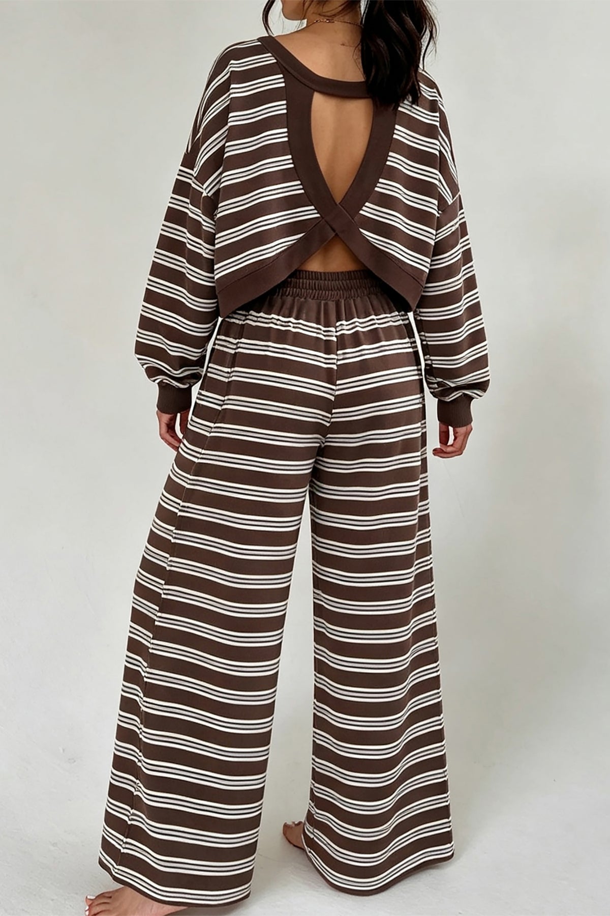 Brown Stripe Back Cutout Long Sleeve Top and Wide Leg Pants 2pcs Set