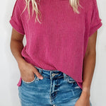Rose Red Textured Knit Exposed Stitching T-shirt