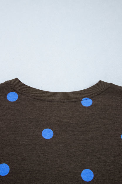 Brown Polka Dot Print Varsity Striped Detail Long Sleeve Top Short Set